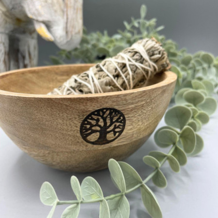 Bol en bois pour offrandes rituelles et de purification - Arbre de vie - 14 x 7 cm