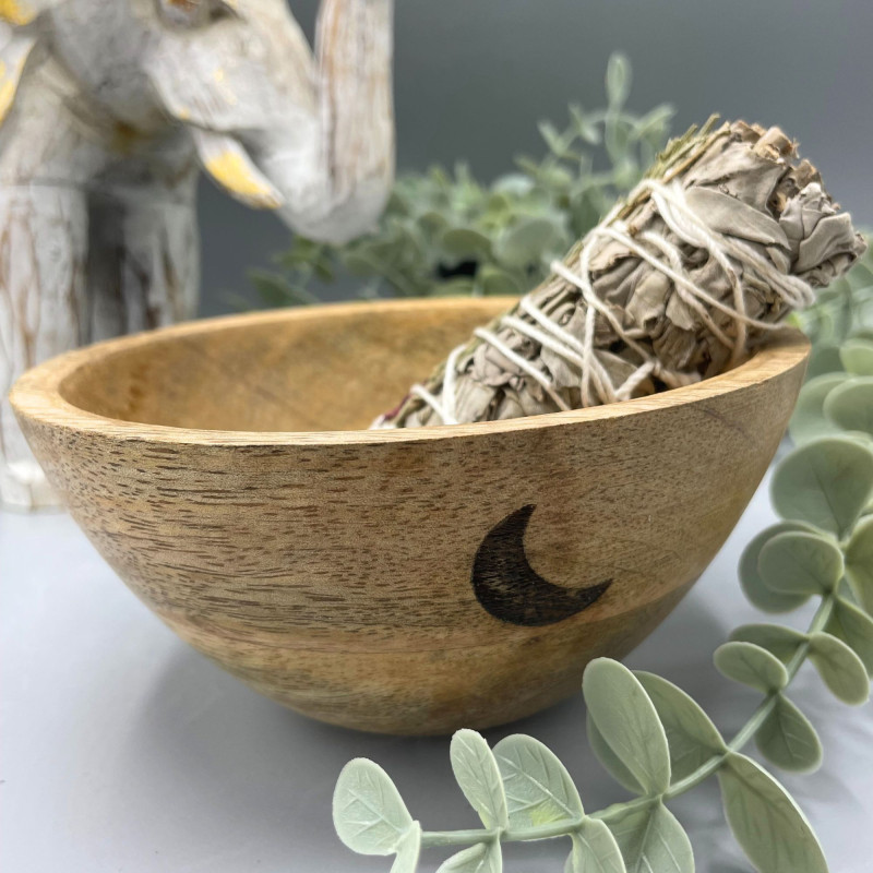 Bol en bois pour offrandes rituelles et de purification - Trois Lunes - 14 x 7 cm