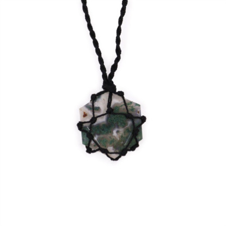 Pendentif hexagonal en pierres précieuses lacées - Agate mousse