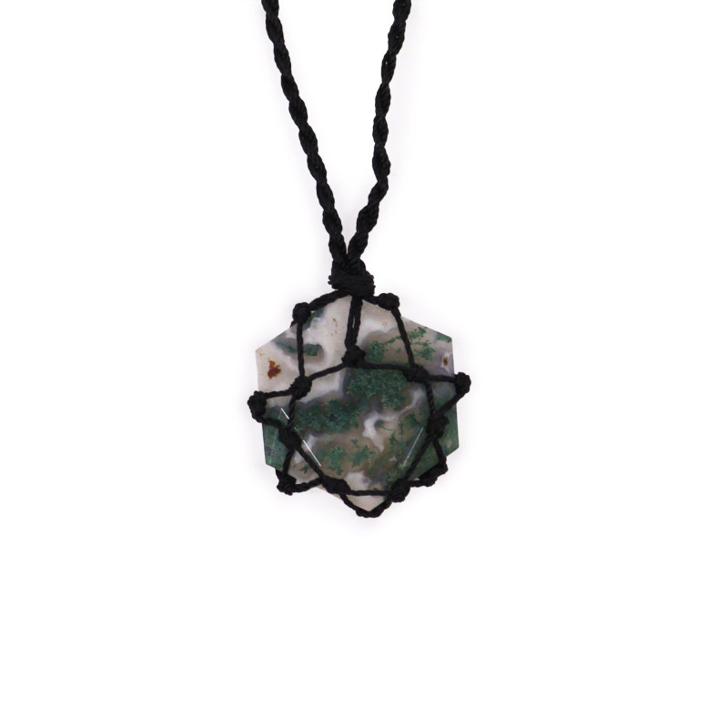 Pendentif hexagonal en pierres précieuses lacées - Agate mousse