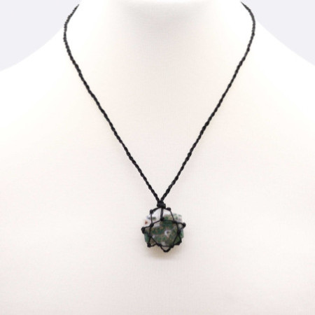 Pendentif hexagonal en pierres précieuses lacées - Agate mousse