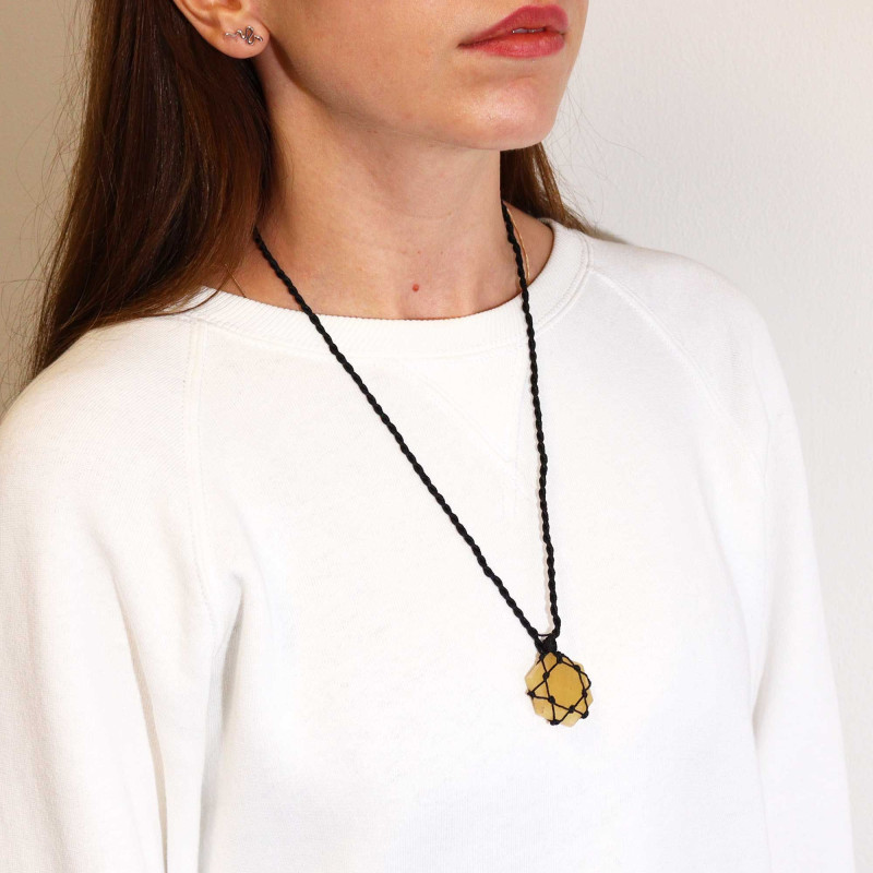 Pendentif hexagonal en pierres précieuses lacées - Quartz jaune