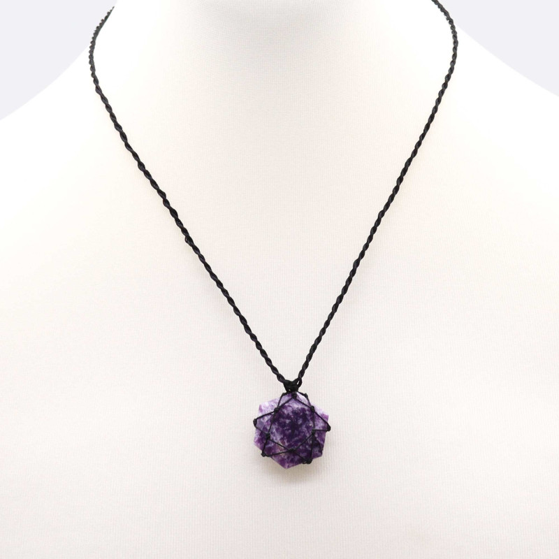 Pendentif hexagonal en pierre précieuse lacée - Lépidolite