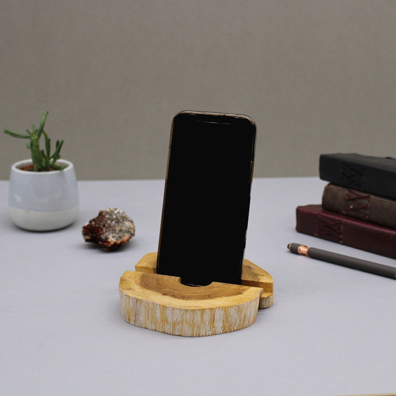 Grand support de téléphone en bois Gamal - Blanchi à la chaux
