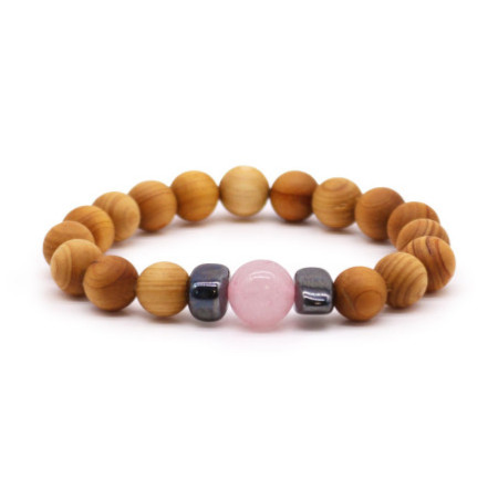 Bracelet chakra du cœur en bois de cèdre avec quartz rose