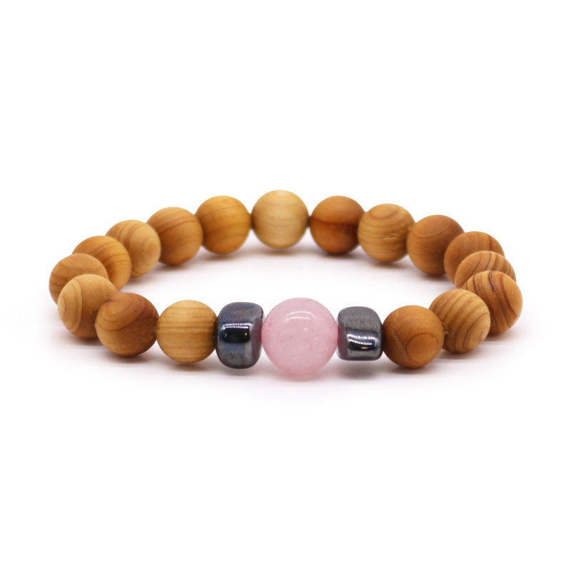 Bracelet chakra du cœur en bois de cèdre avec quartz rose