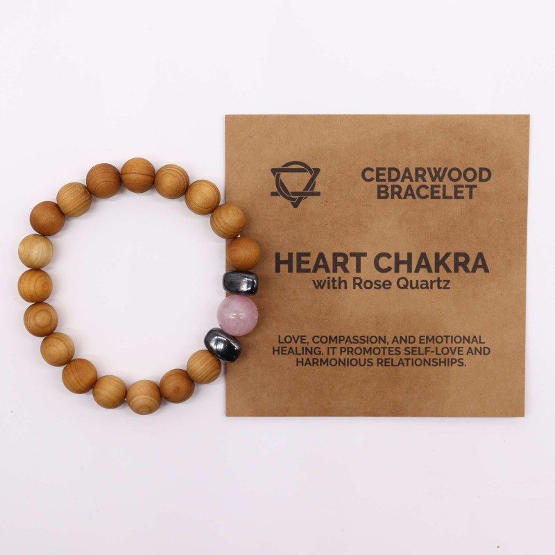 Bracelet chakra du cœur en bois de cèdre avec quartz rose