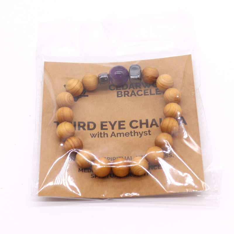 Bracelet chakra du troisième œil en bois de cèdre avec améthyste