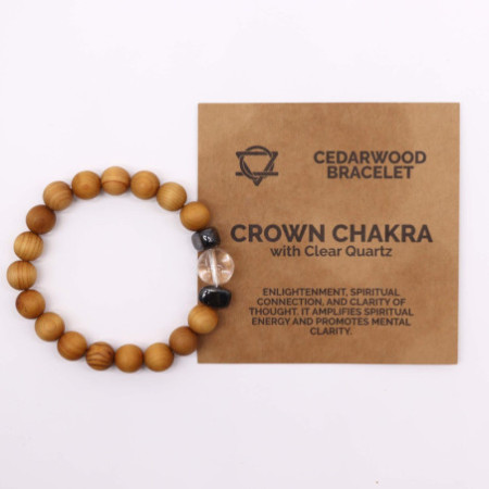 Bracelet chakra couronne en bois de cèdre avec quartz clair