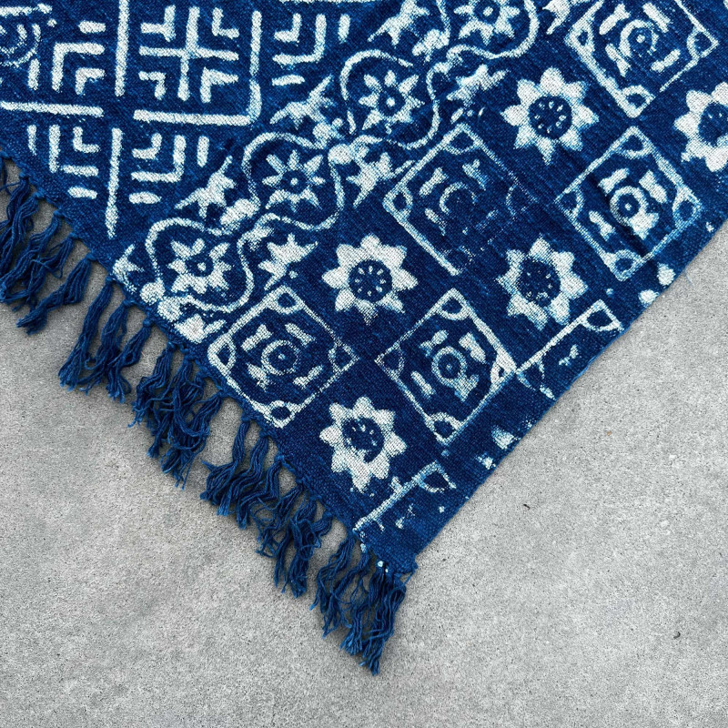 Tapis indigo fait main - 170 x 120 cm - Rayures Desi