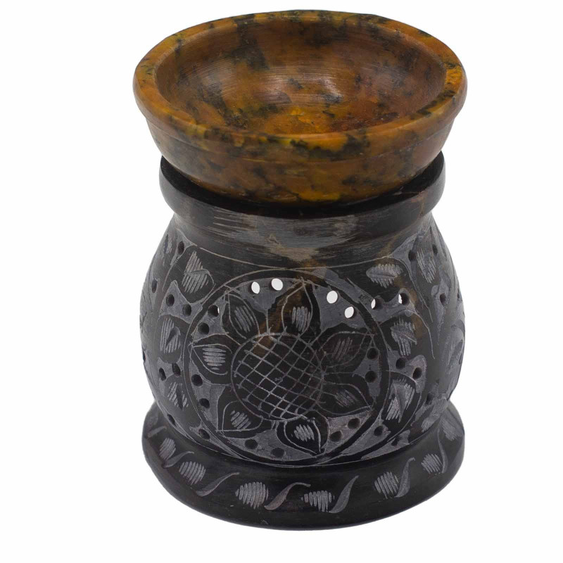 Brûleur à huile en stéatite 10 cm - Fleur Mandala - Noir et jaune