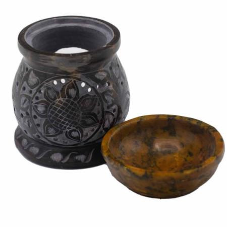 Brûleur à huile en stéatite 10 cm - Fleur Mandala - Noir et jaune
