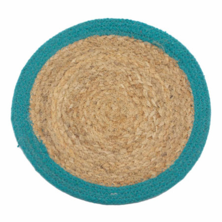 Set de table naturel - Jute et coton 30 cm - Bordure bleu sarcelle