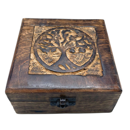 Boîte à souvenirs carrée en bois 13 x 13 x 6 cm - Arbre de vie