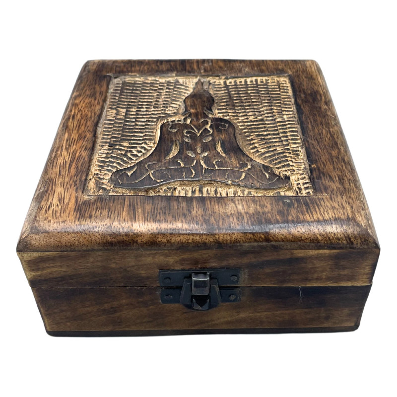Boîte à souvenirs carrée en bois 13 x 13 x 6 cm - Bouddha