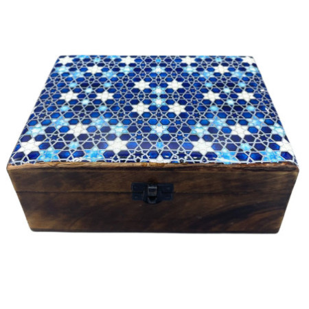 Grande boîte en bois émaillé en céramique - 20 x 15 x 7,5 cm - Étoiles bleues