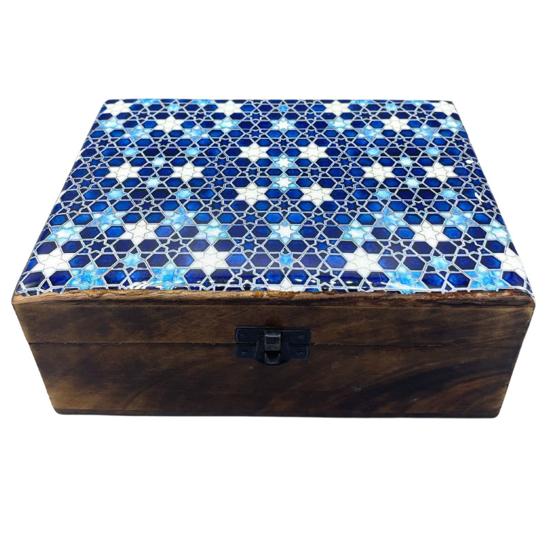 Grande boîte en bois émaillé en céramique - 20 x 15 x 7,5 cm - Étoiles bleues