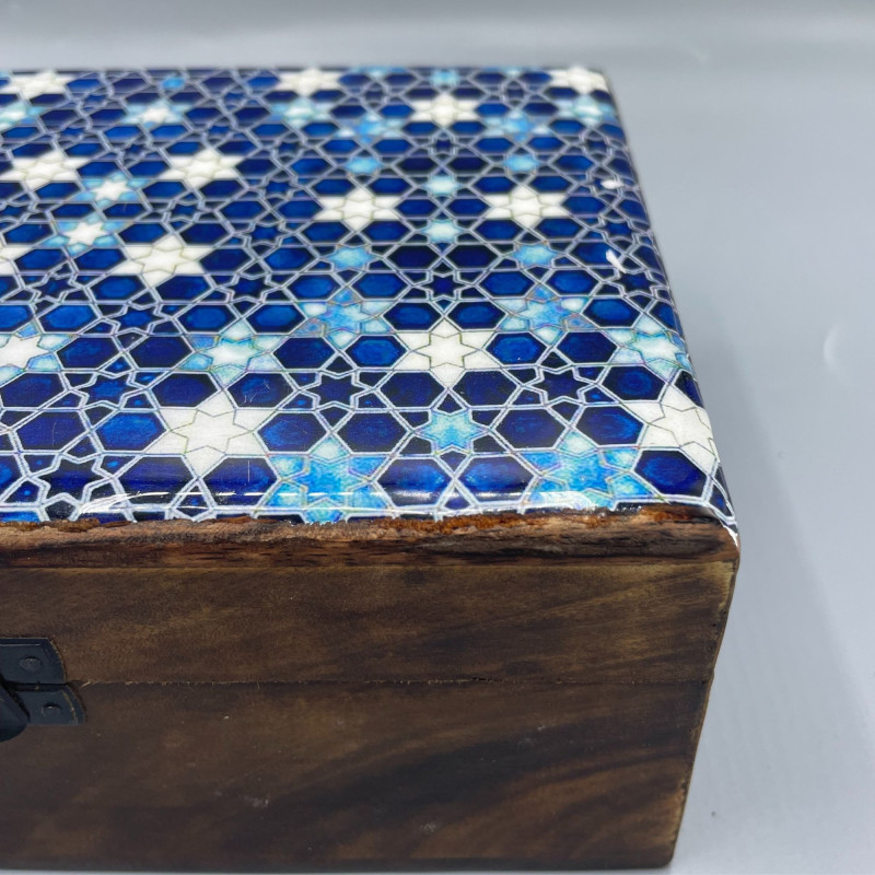 Grande boîte en bois émaillé en céramique - 20 x 15 x 7,5 cm - Étoiles bleues