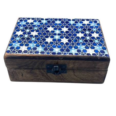 Boîte en bois émaillé, taille moyenne, 15 x 10 x 6 cm, motif étoiles bleues