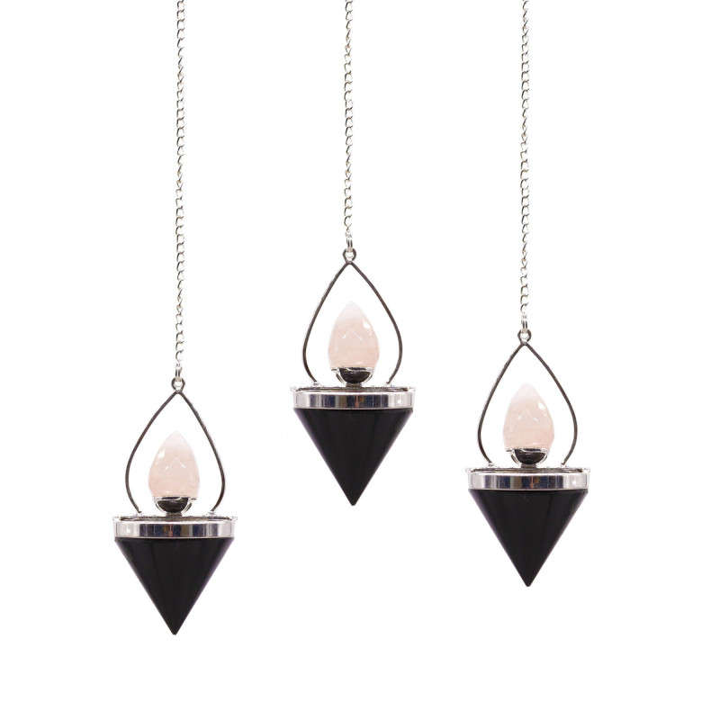 Pendule Lanterne de Vie en Pierres Précieuses - Agate Noire et Quartz Rose