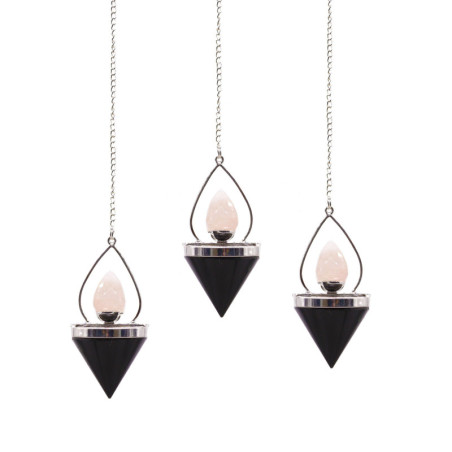 Pendule Lanterne de Vie en Pierres Précieuses - Agate Noire et Quartz Rose
