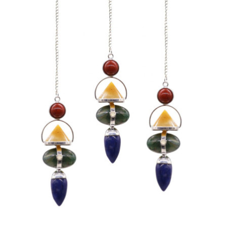 Pendule en pierres précieuses des quatre éléments : jaspe rouge, aventurine jaune, agate mousse, sodalite et pierre de lune