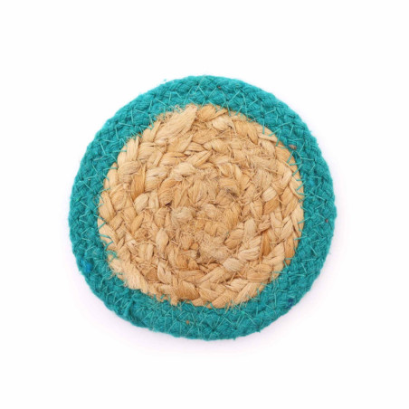 Dessous de verre naturel - Jute et coton 10 cm (lot de 4) - Bordure bleu sarcelle