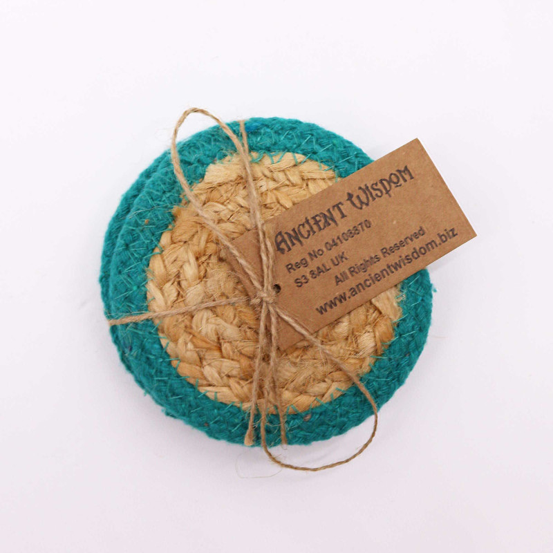 Dessous de verre naturel - Jute et coton 10 cm (lot de 4) - Bordure bleu sarcelle