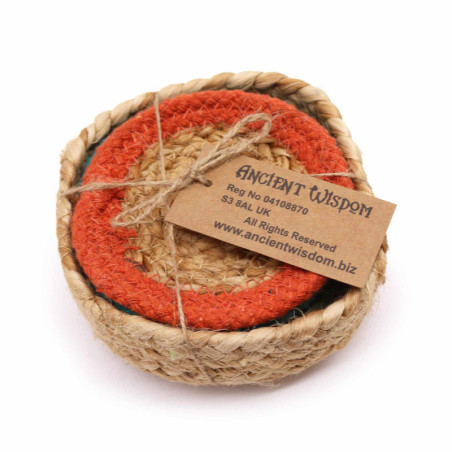 Dessous de verre naturel - Jute et coton 10 cm (lot de 6) Couleurs mélangées dans un panier