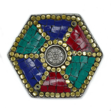 Support pour cône et bâtonnet à décor tibétain à plaque hexagonale