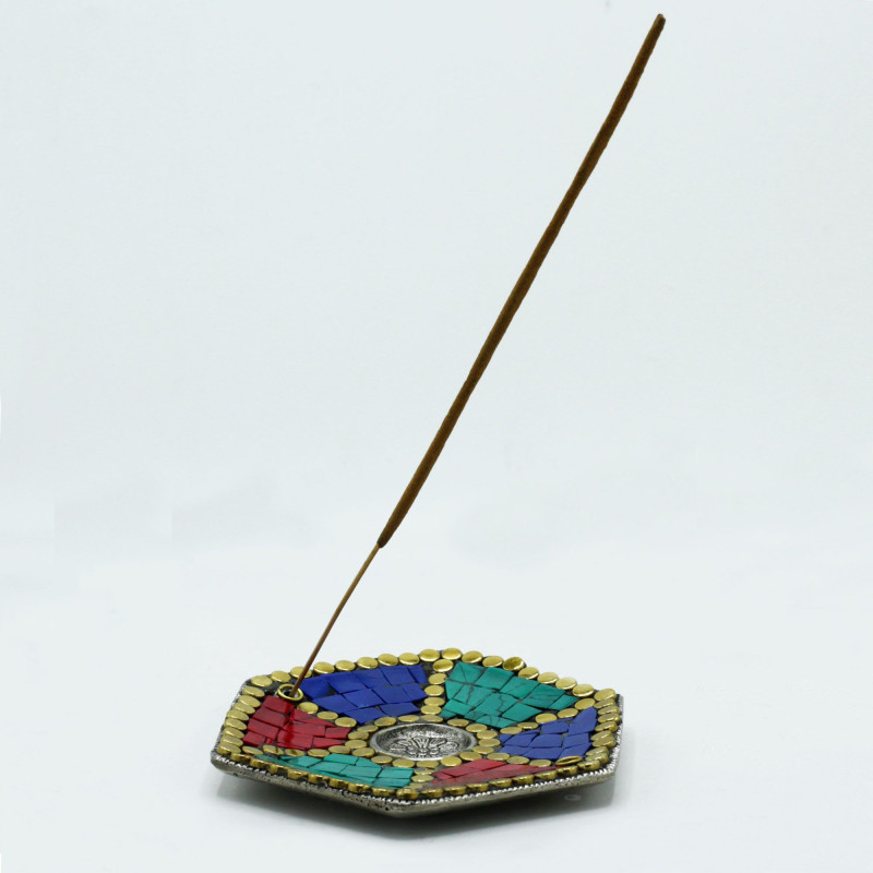 Support pour cône et bâtonnet à décor tibétain à plaque hexagonale