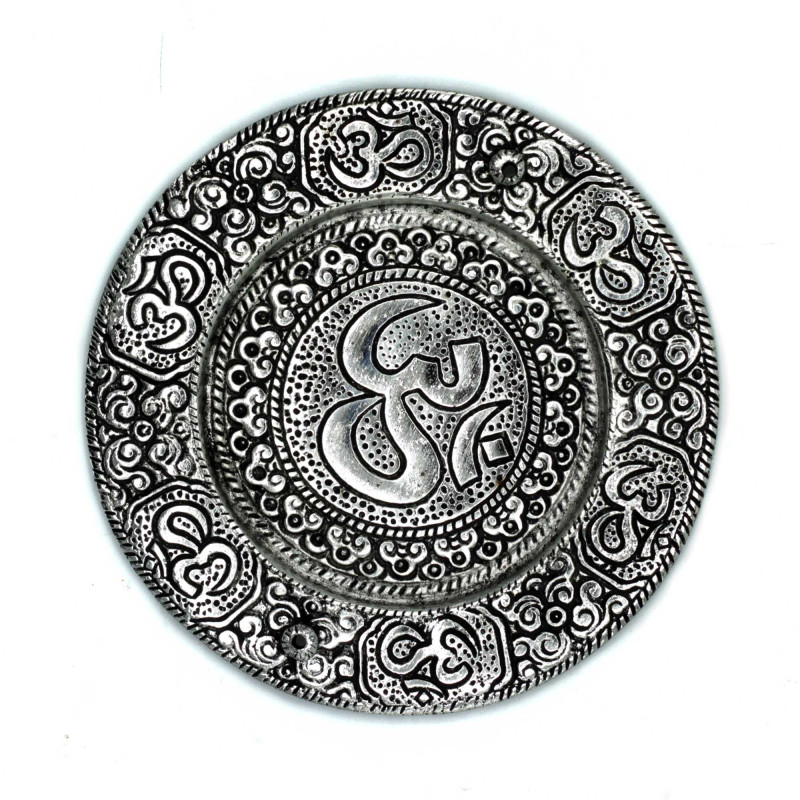 Porte-encens rond Om en aluminium poli 11 cm