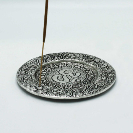 Porte-encens rond Om en aluminium poli 11 cm