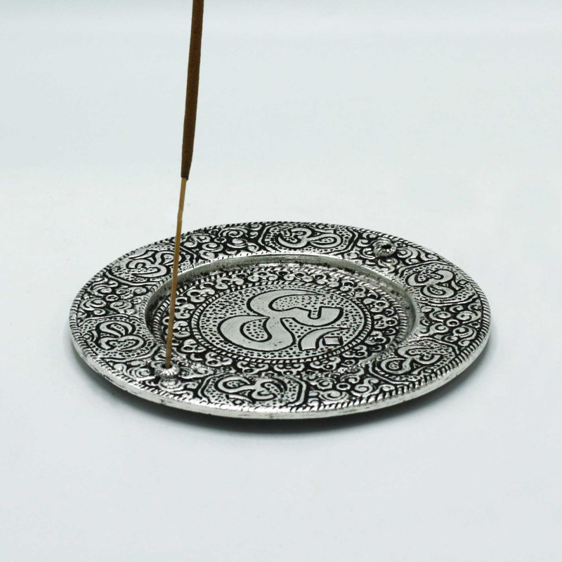 Porte-encens rond Om en aluminium poli 11 cm