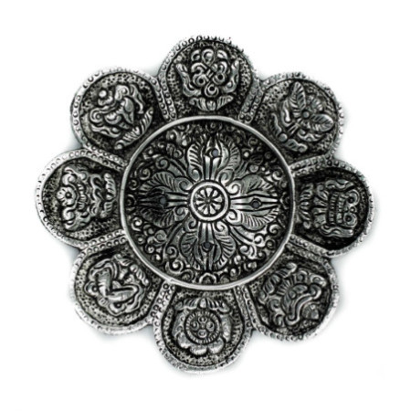 Porte-encens en aluminium poli avec symboles tibétains 12 cm