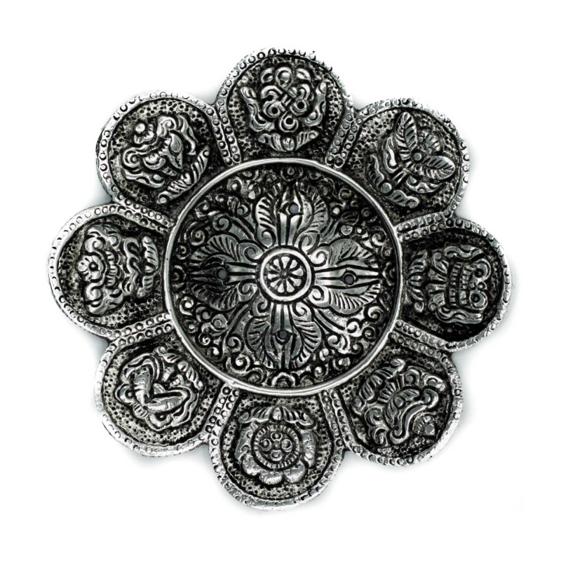 Porte-encens en aluminium poli avec symboles tibétains 12 cm