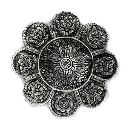 Porte-encens en aluminium poli avec symboles tibétains 12 cm