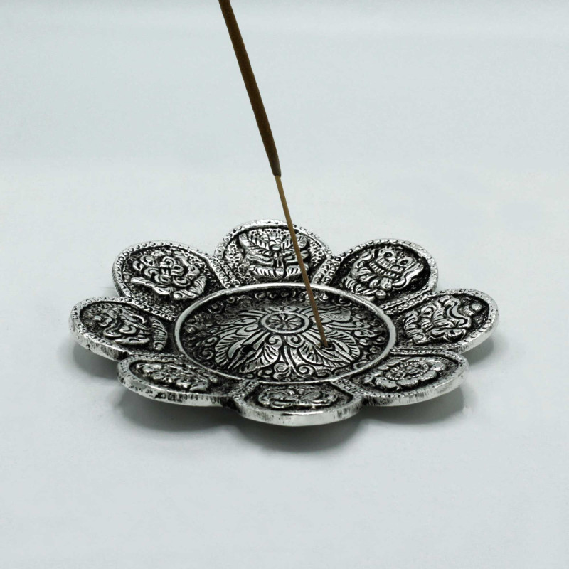 Porte-encens en aluminium poli avec symboles tibétains 12 cm