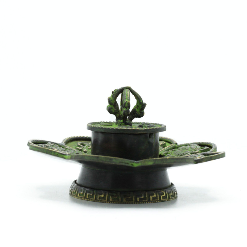 Cône tibétain en laiton vert-de-gris et porte-encens - Huit symboles