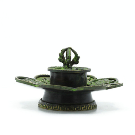 Cône tibétain en laiton vert-de-gris et porte-encens - Huit symboles