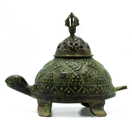 Porte-encens en laiton vert-de-gris motif tortue tibétaine - Grand