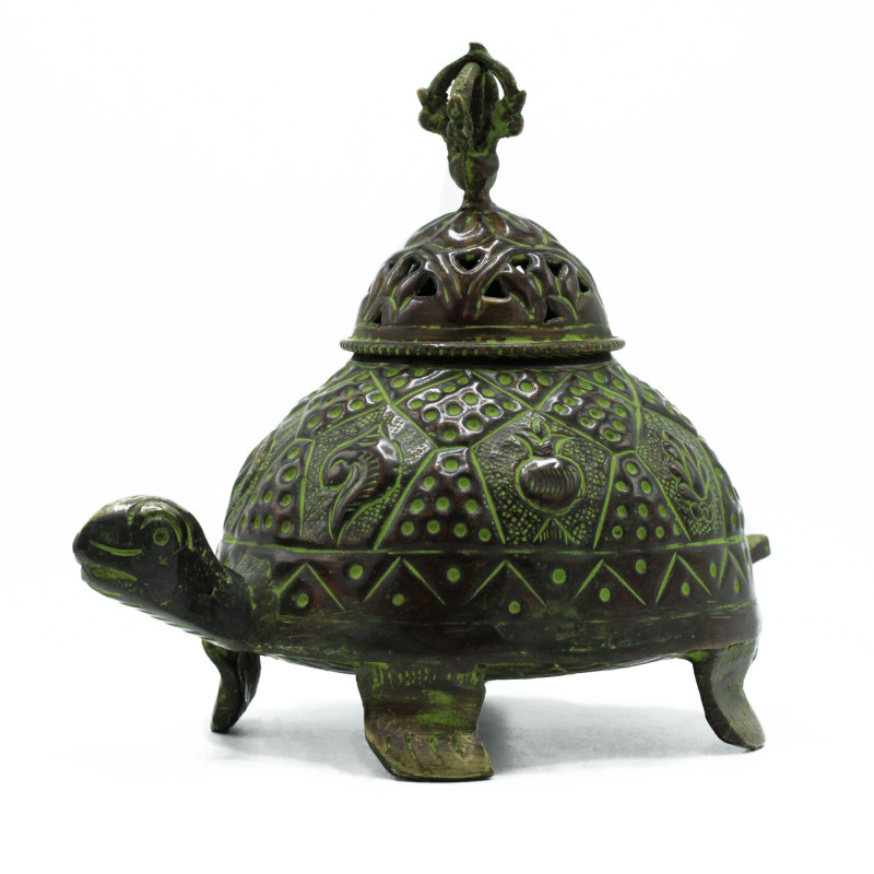Porte-encens en laiton vert-de-gris motif tortue tibétaine - Grand
