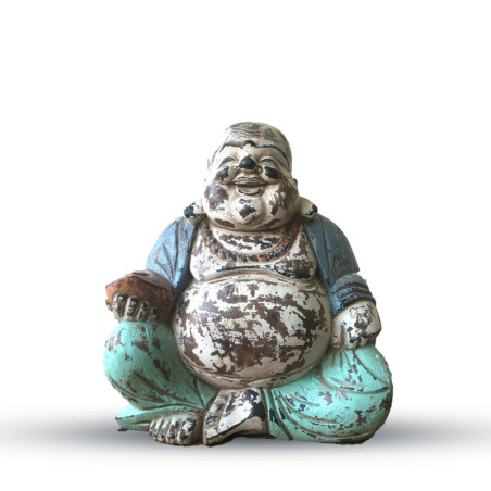 Statue de Bouddha sculptée à la main bleu menthe vintage - 30 cm - Happy Buddha