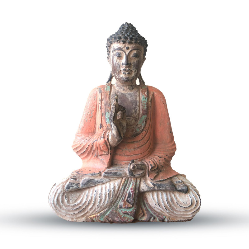 Statue de Bouddha vintage orange sculptée à la main - 40 cm - Transmission pédagogique