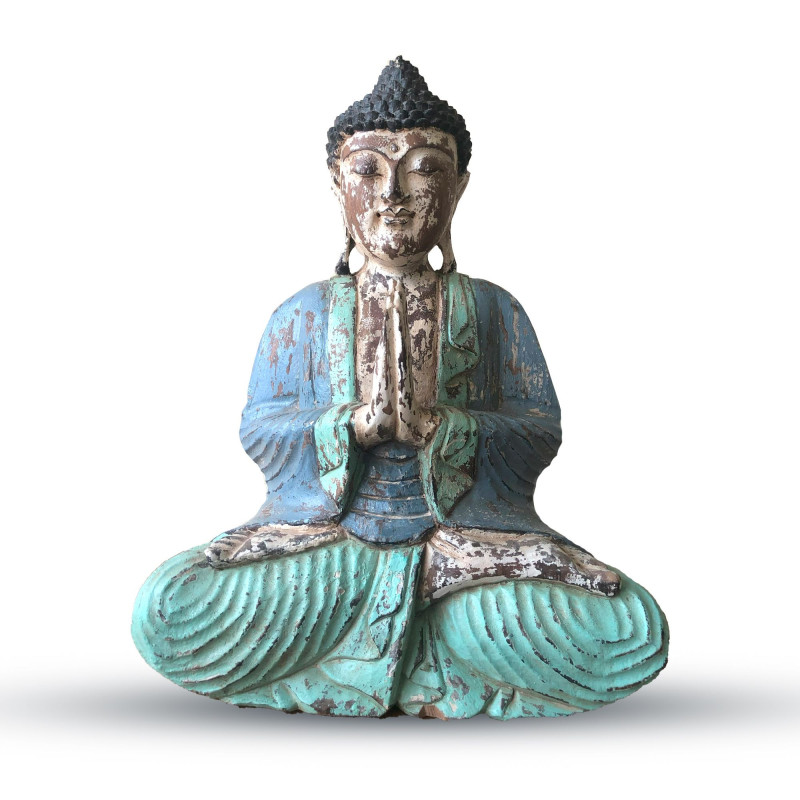 Statue de Bouddha sculptée à la main, couleur menthe bleue vintage - 40 cm - Bienvenue