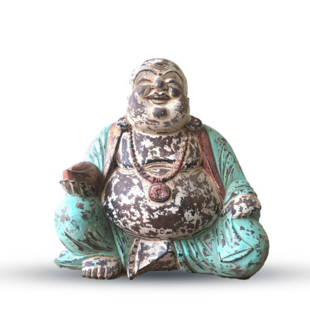 Statue de Bouddha sculptée à la main en menthe vintage - 40 cm - Happy Buddha