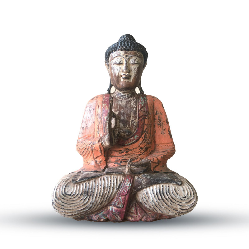 Statue de Bouddha vintage orange sculptée à la main - 60 cm - Transmission pédagogique
