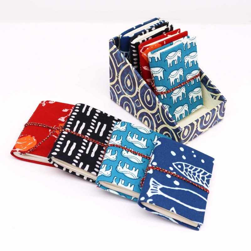 Carnets reliés en coton imprimé bloc 7 x 10 cm - Pois et tirets noirs