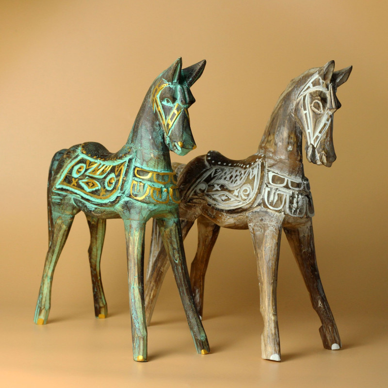 Grand cheval doré et turquoise 32 cm
