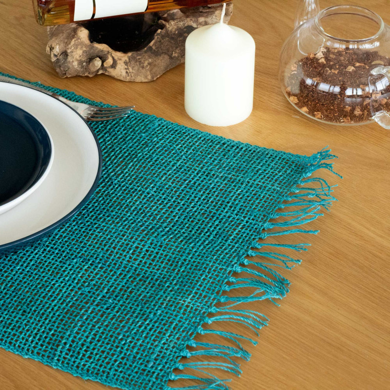 Set de table naturel à franges en jonc de mer - Turquoise